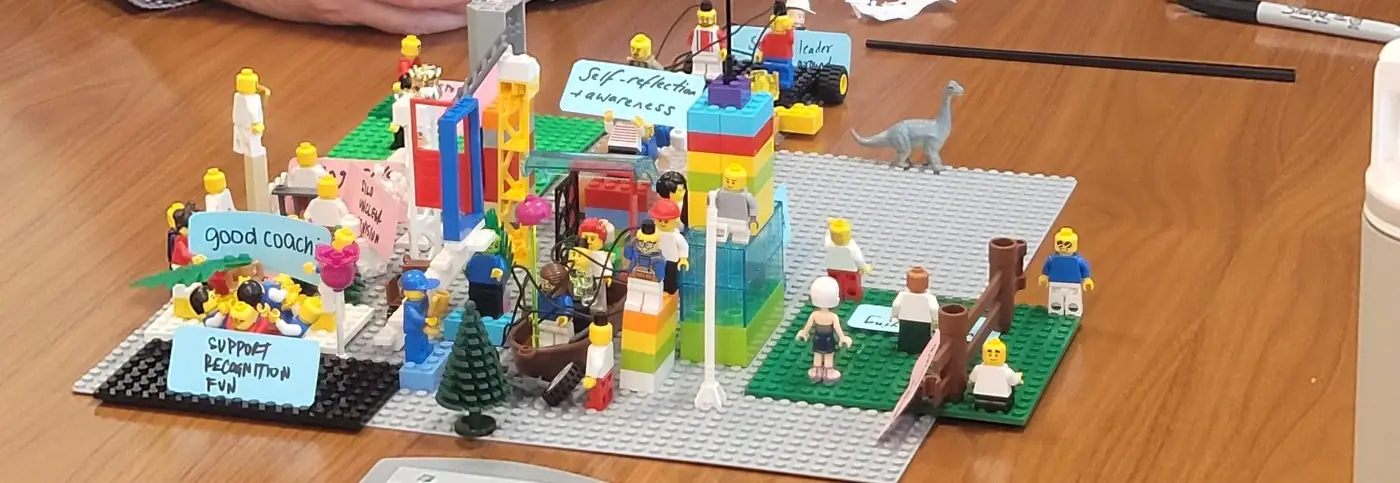 A large shared LEGO Serious Play landscape model with handwritten labels, including good coaching, and support, recognition and fun